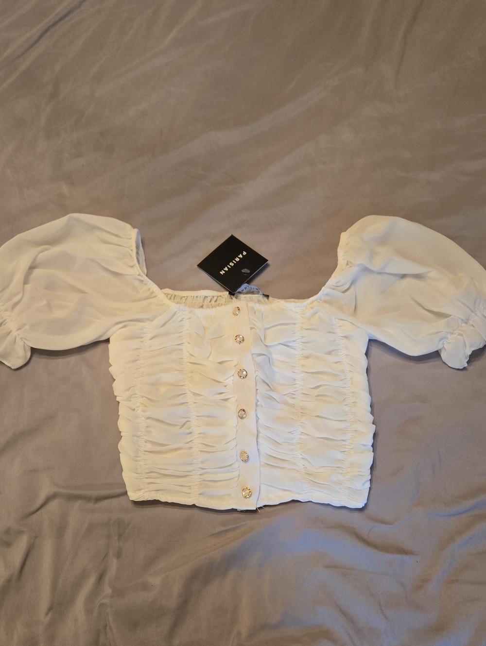 Parisian Works White Ruched Puff Sleeve Crop Top